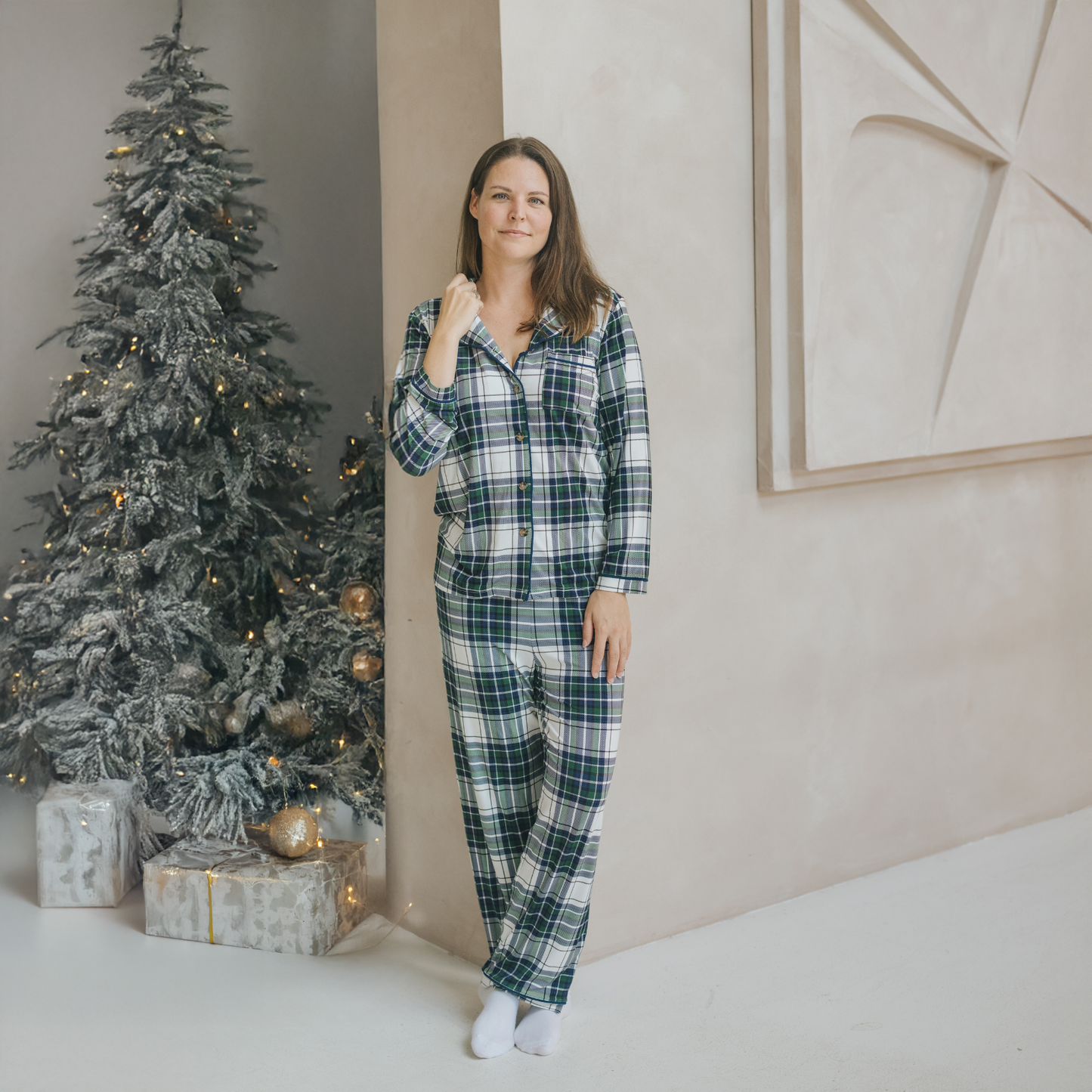 Ladies Pajamas Set Green Tartan